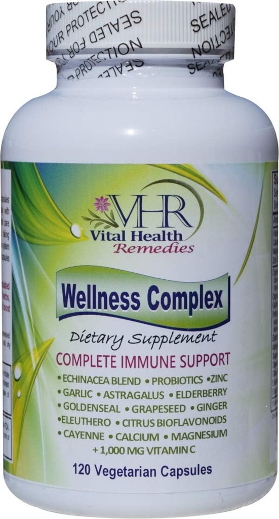 VHR Wellness Complex Immune Boosting Formula med Echinacea, Goldenseal, vitlök, probiotika, Elderberry, Astragalus, Grapeseed, Cayenne, Bioflavonoids, Eleuthero, Ginger, VIT C, Zink 120 Veg caps