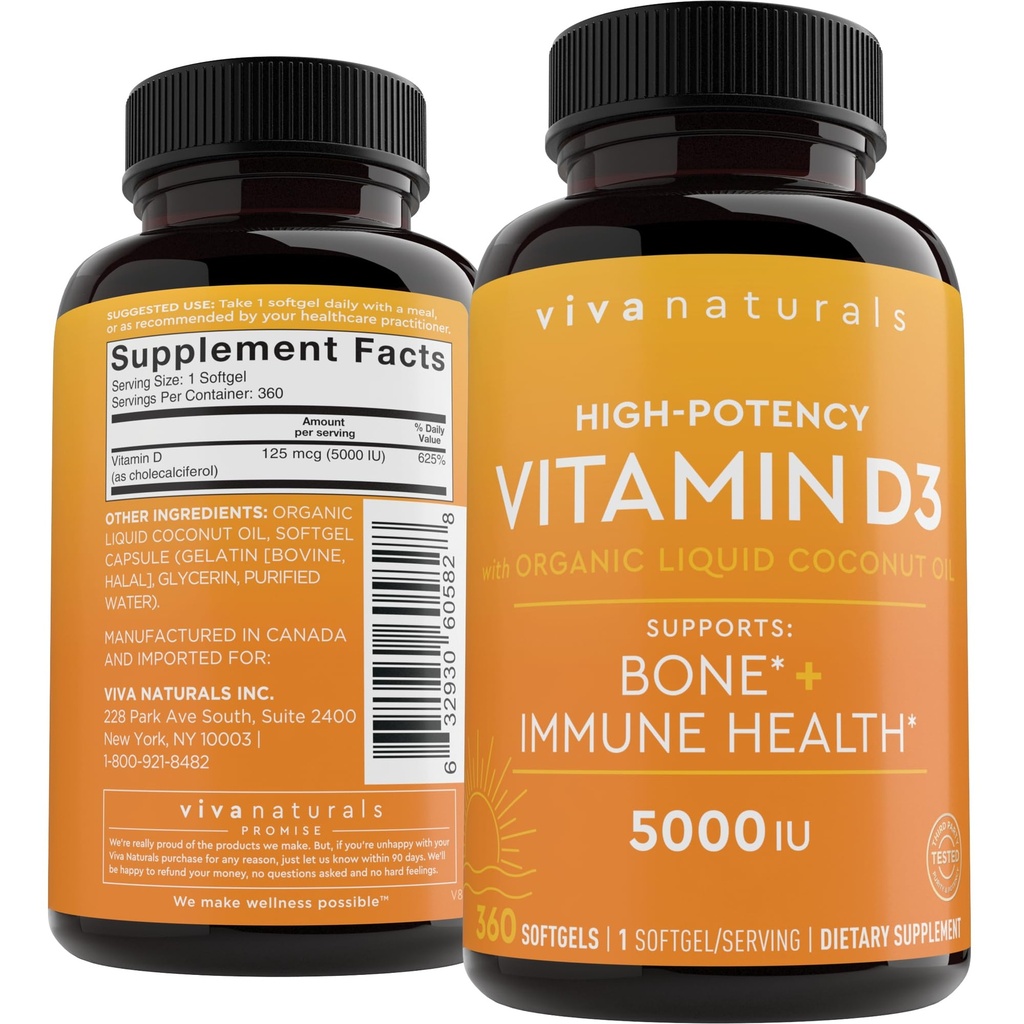 Viva Naturals D3-vitamiini 5000 IU Softgels, 360 mikrogrammaa, tukee luu- ja immuuniterveyttä, korkea teho D-vitamiinia