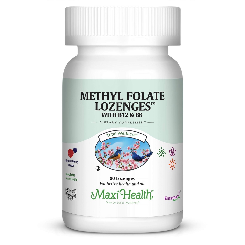 Maxi Health Methyl Folate Lozenges with B12 & B6, Flavored Memory, Cardiovascular Health Hormone & Immuunituki Gluteeniton, Kosher Berry, 90
