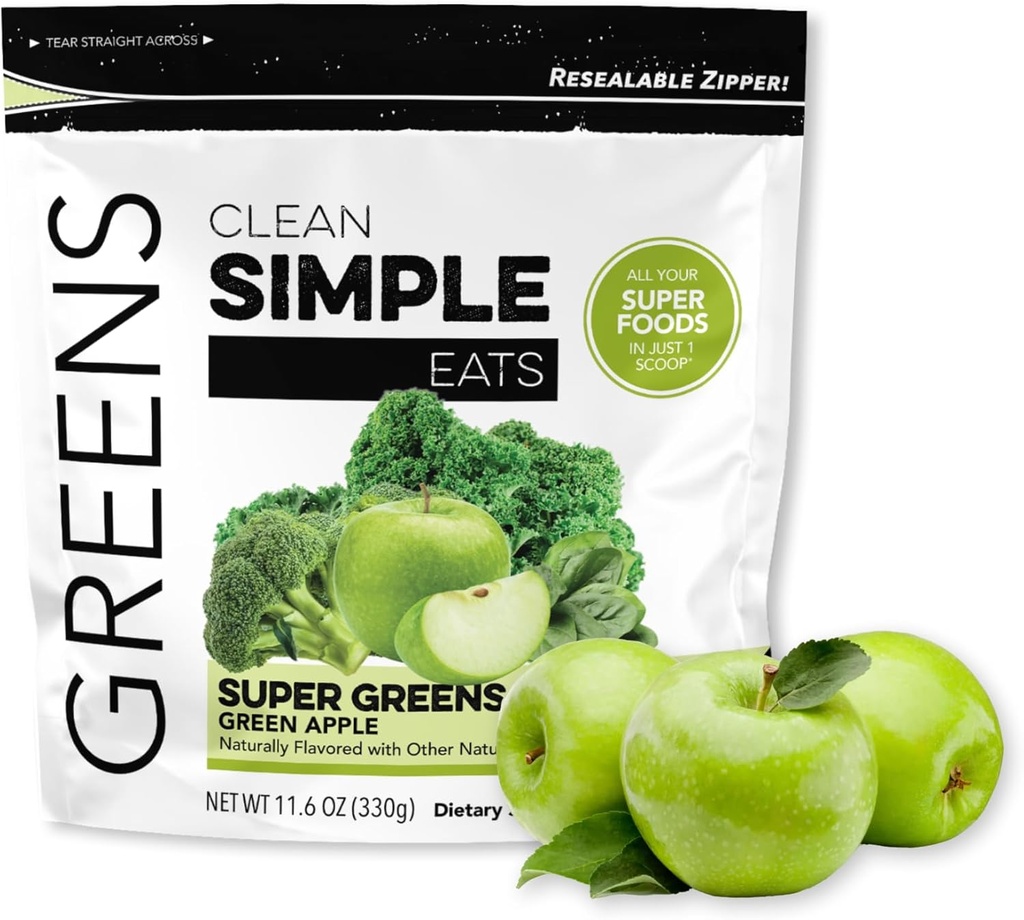 Clean Simple Eats Super Greens Powder, Luonnollisesti maustetut vihreät Powder chlorella, Spirulina, Superfoods & Prebioottikuitu, Ei keinotekoisia ainesosia, Gluteeniton, Green Apple Flavor, 30 Tarjoilu