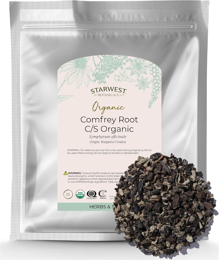 Starwest kasvitieteelliset Luomu kuivattu Comfrey Root - Natural Herb Uutinen sovellus, Salve tai öljy, Leikkaa & Sifted, Certified Kosher, ei-GMO - Bulk 1 Lb Bag