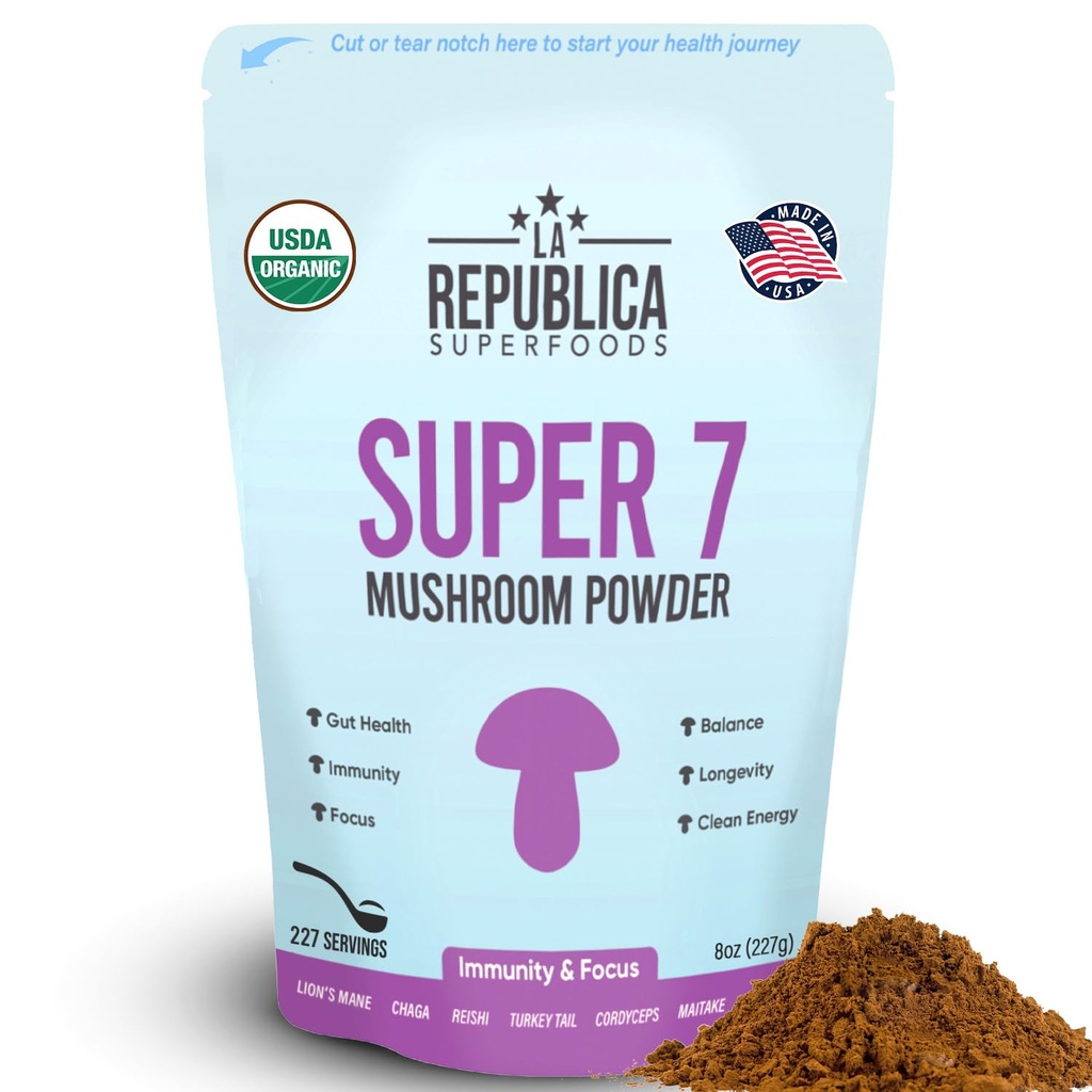 La Republica Superfood Super 7 Mushroom Extract Powder, Inkluderar Lion's Mane, Reishi, Chaga, Cordyceps, Shiitake, Maitake och Turkiet Tail (8 oz)
