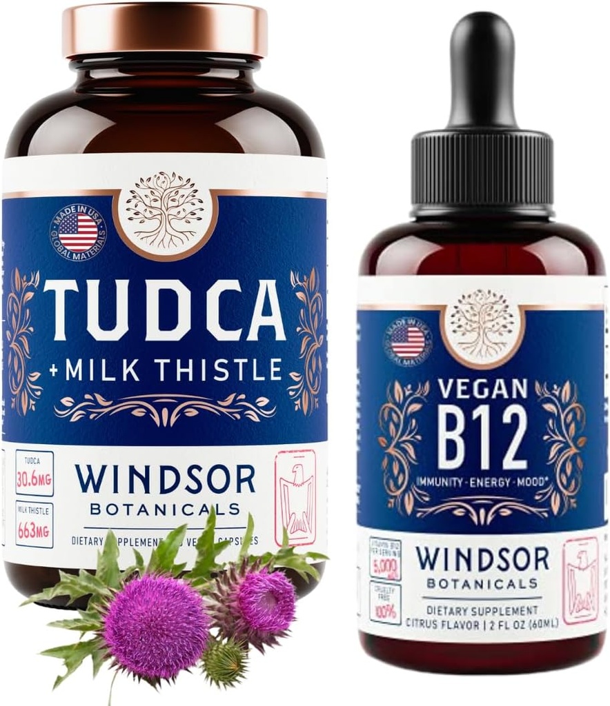 WINDSOR BOTANICALS Tudca kanssa Silymarin Milk Thistle ja vegaaninen B12 neste - Terveystuki Bundle