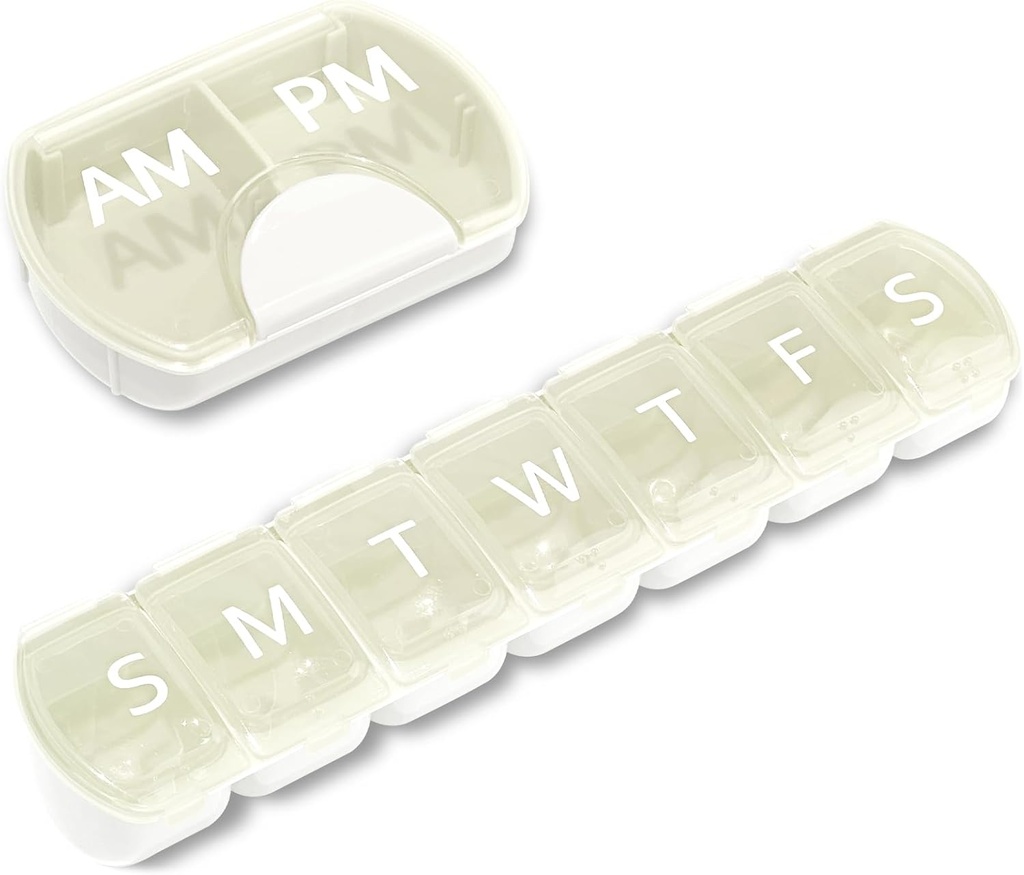 2 Pack (Weekly & Daily), 2 gånger om dagen (AM/PM) + 7-dagars Pill Organizer, Vitamin Planner, Large Capacity Pill Box Set, Travel Pill Case for Medication/Vitamins/Fish Oils/Supplements, White