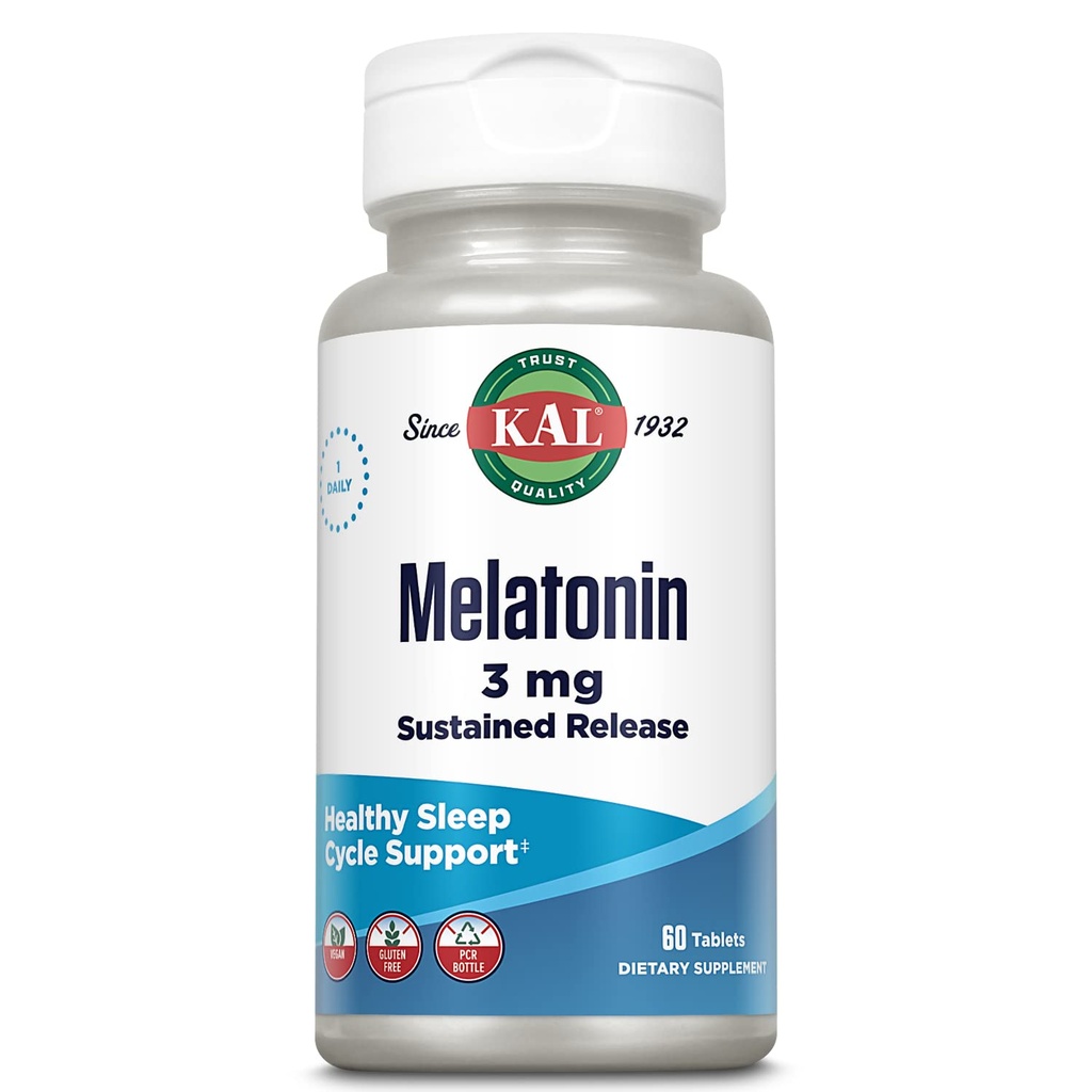 KAL Melatoniini 3 mg Pitkäkestoinen vapauttaa unilääke, melatoniini täydentää terveellistä rentoutumista, rauhallinen tunne ja oikea unisykli, w/Lisätty B6-vitamiini, vegaaninen, gluteeniton 60 Serv, 60 tablettia