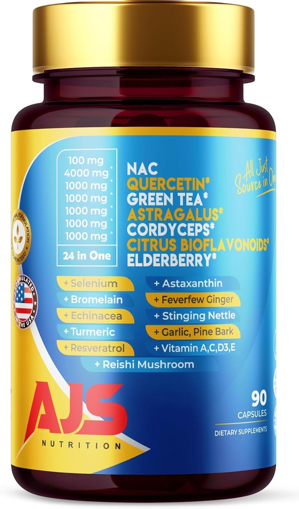 AJS Quercetin 4000mg med Nac Green Tea Cordycepscitrus Elderberry Selenium Bromelain Echinacea Turmeric Resveratrol Astaxanthin Feverfew Ginger Reishi Mushroom 90 Caps 20 i 1