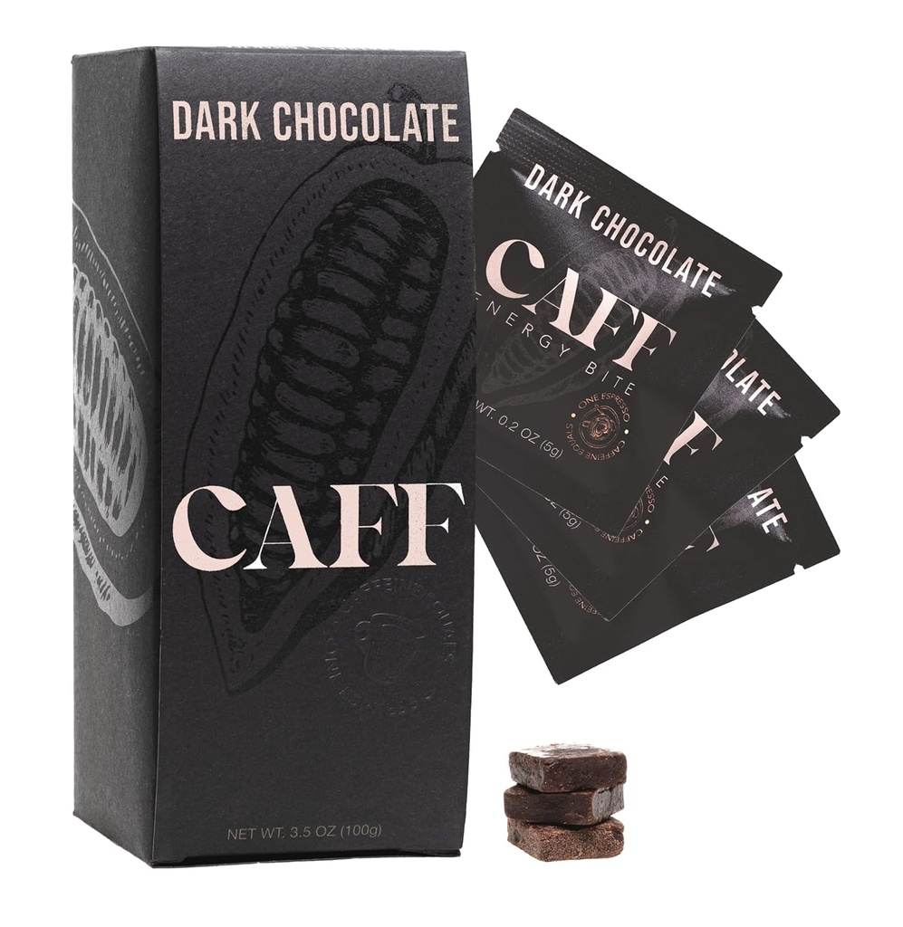CAFF All Natural Energy Bites - Caffeinated Chocolate Flavored Chew for Energy Boost - No Added Sugar - 65mg Caffeine Chocolate Bars - 15 Calorie Organic Caffeine Snacks - Vegan, Gluten-Free, Keto (20 Bites)