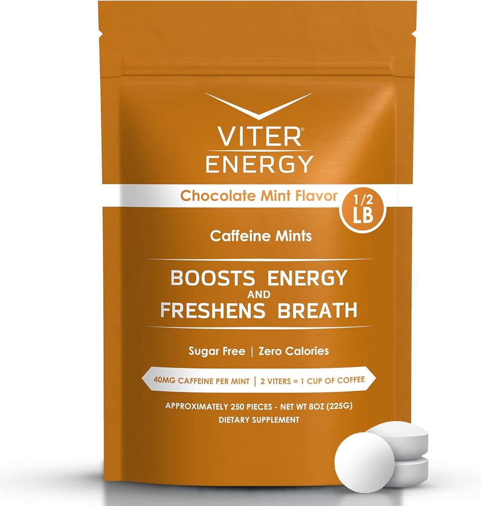 Viter Energy 40mg kofeiini Mints - Sokeriton, B-vitamiinit, Vegaani, Tehostaa nopeasti Energized Alert Focus, kofeiiniton Nootropic täydentää pillereitä (suklaa Mint Flavor, 8oz, Bulk Bag)