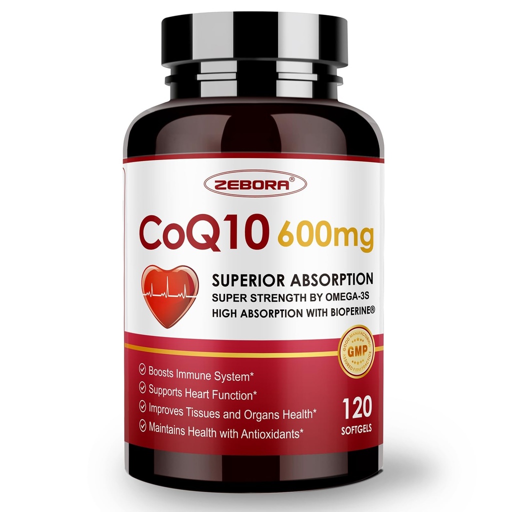ZEBORA CoQ10-600mg-Softgels - Extra Strength Coenzyme Q10 PQQ, Omega-3 & BioPerine - High Absorption CoQ10 Lisäravinteet Antioksidantti (Ubikinoni) Heart Health & Energy Production, 120 Softgels