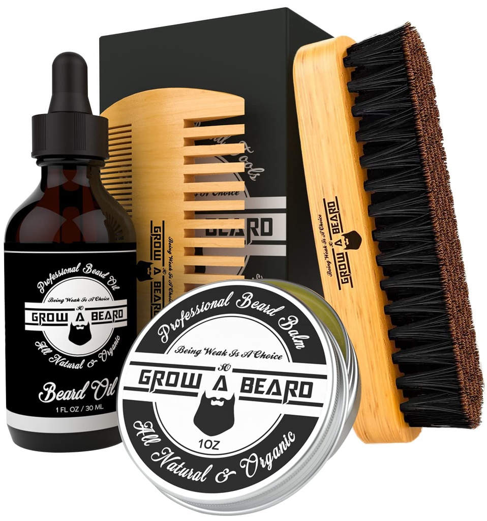 Beard Brush, Beard Comb, Beard Oil, & Beard Balm Grooming Kit för Mäns vård, Travel Facial Hair Set för tillväxt, styling, Shine & Softness, stora gåvor för honom