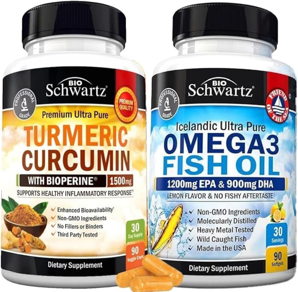 Triple Strength Omega 3 Fish Oil Softgels (1 kuukausi tarjonta) Plus Turmeric Curcumin kanssa Black Pepper Extract 1500mg Complex (Trial Size)