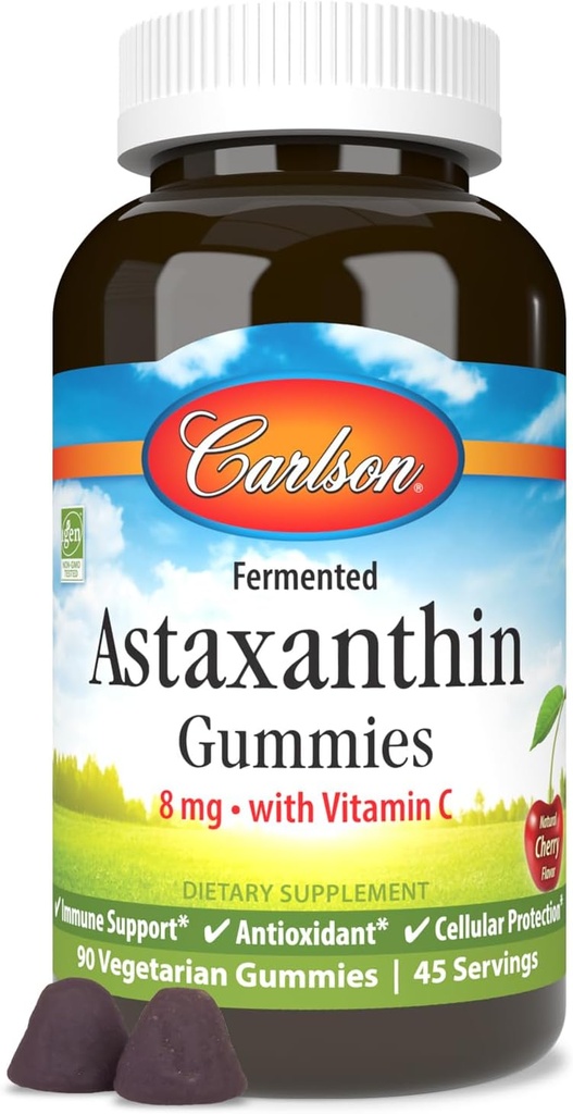 Carlson - Astaksantiini Gummies, C-vitamiini, Immunosupport, Antioksidantti, Heart Health, Ei-GMO, Cherry Flavor, 90 Kasvisruoka Gummies