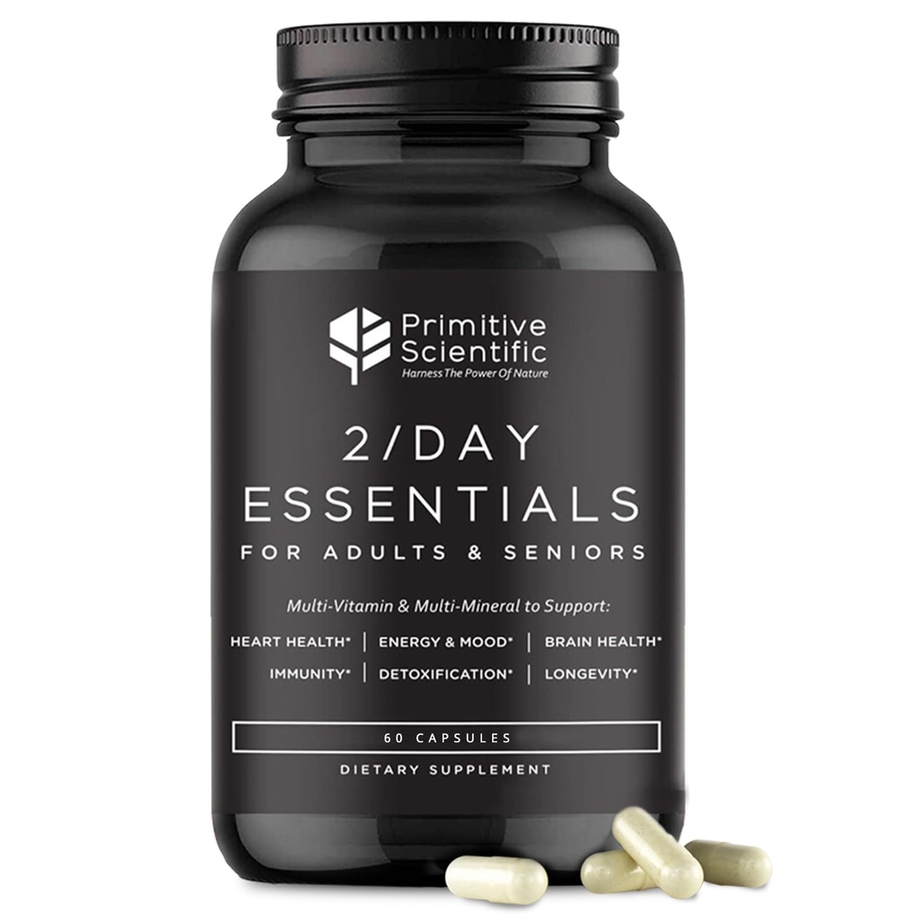 Hela matdagliga väsentliga multivitaminer för vuxna och seniorer - 2X per dag - vitamin A, C, D, E, B12 och mineraler - naturligt och holistiskt stöd (60 kapslar)