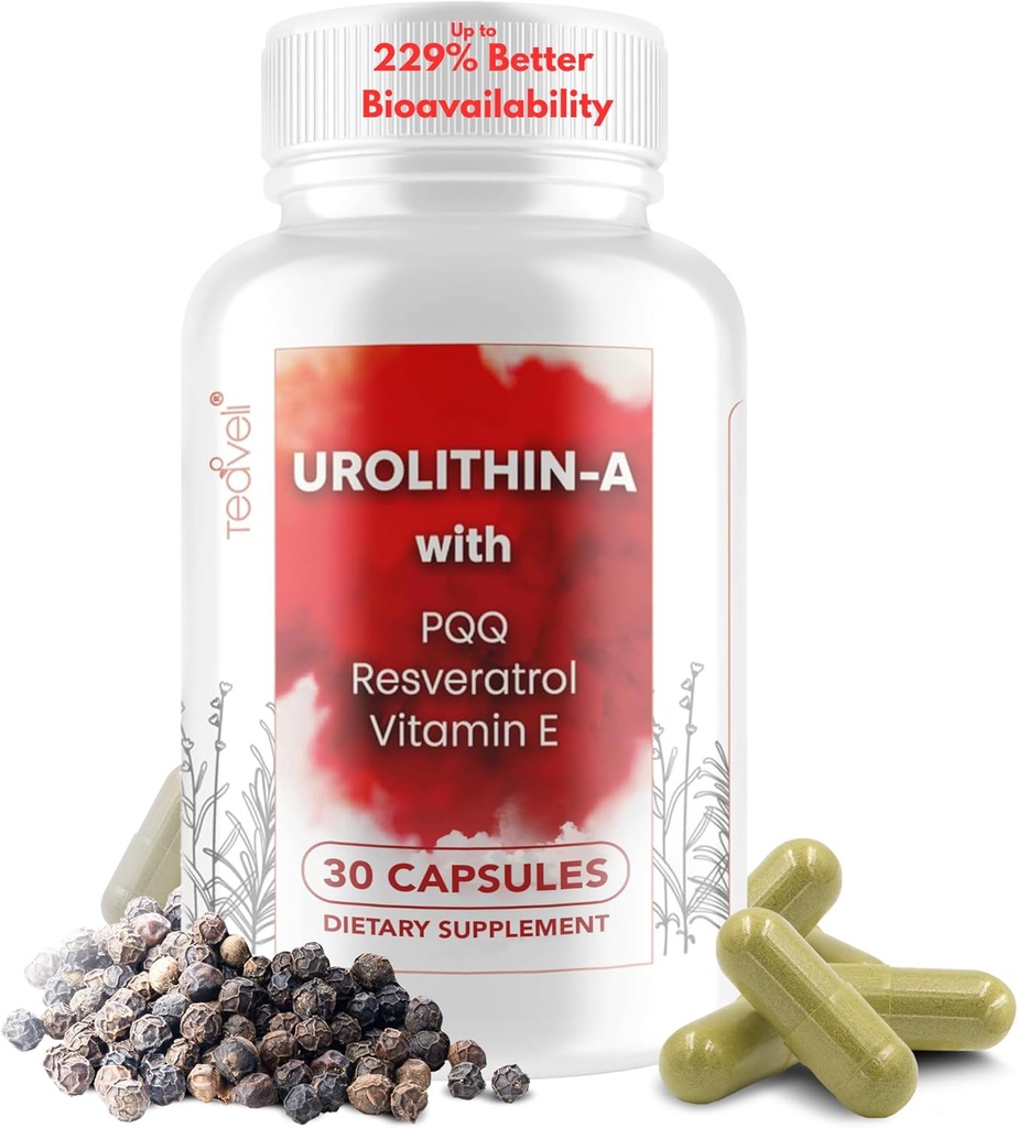 Advanced Urolithin A (15 palvelinta) & kantasolulisä 500 mg:n Urolithin A, Resveratrol, PQQ, E-vitamiini & Bioperine . Tuet NAD+, Mitokondriot, Lihasterveys, Terveet solut ja energiatasot