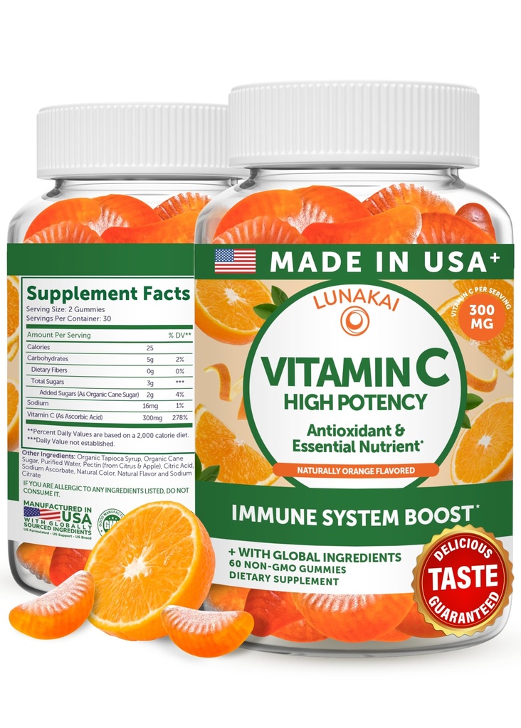 Lunakai USA Made High Potency C-vitamiini Gummies aikuisille ja lapsille - 300mg Immuunituki - ei-GMO, Vegan, Delicious Orange Flavor, 60ct