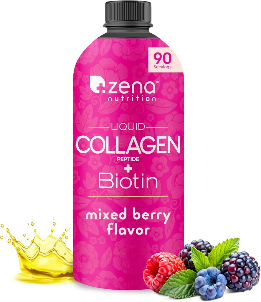 Zena Nutrition Liquid Collagen Peptides and Biotin, 2500 mg Verisol Bioactive Collagen Peptides, 5000 mcg Biotiini, Hiukset, Iho, Nail Supplement for Women and Men, Mixed Berry, 90 Servings, 30 fl oz