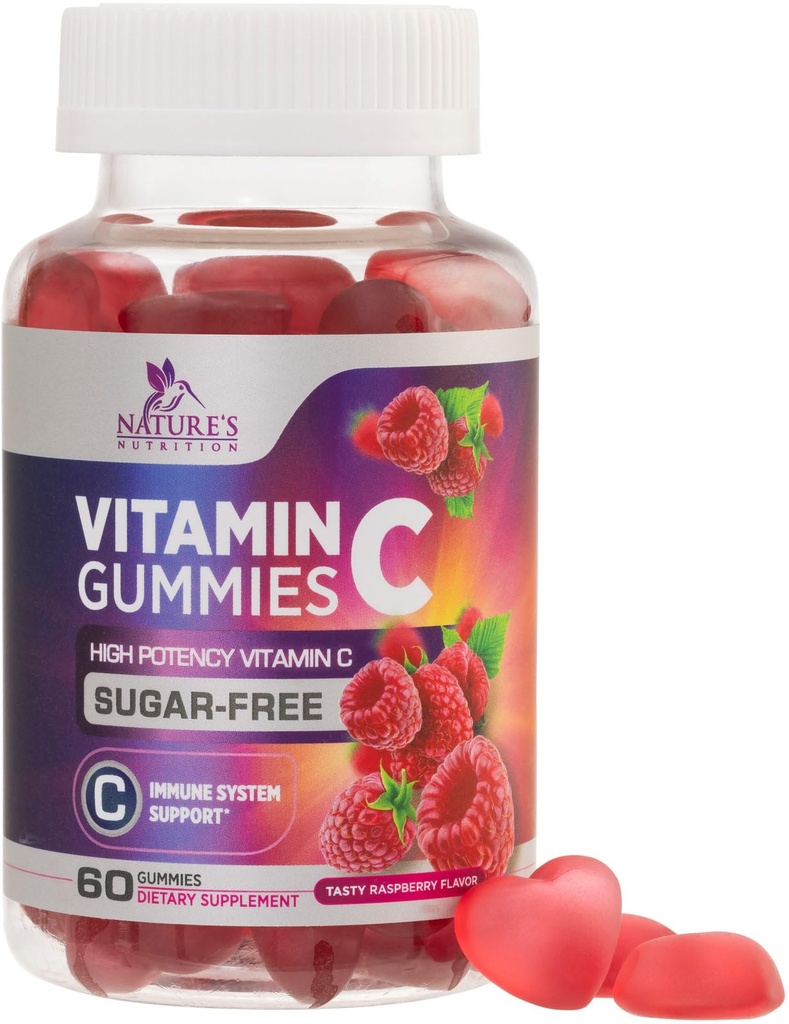 Sokeriton C-vitamiini Gummies - Immuunituki & antioksidantti vitamiiniC-ravintolisä - Vegaani, ei-GMO, Dairy & Gluteeniton C-vitamiini Gummy - Vadelma maku lapsille ja aikuisille - 60 Count Gummies
