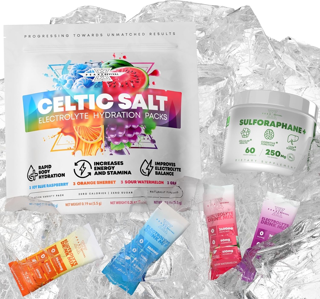 5000 mcg Real Lab-varmennettua Sulforaphane-lisäainetta + Elektrolyyttejä Powder Packets Celtic Salt 12 Elektrolyyttipakkausta