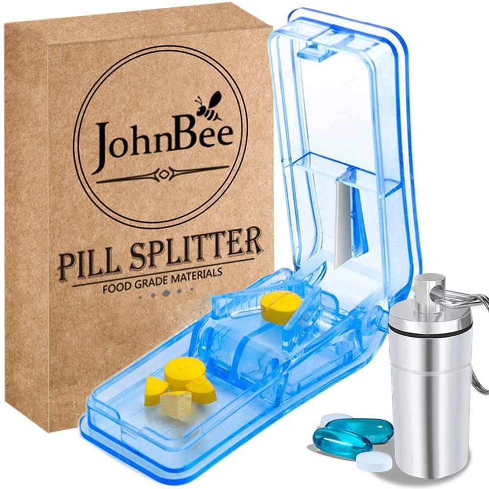 JohnBee Pill Cutter | Bästa Pill Cutter för små eller stora piller | Designad i USA | Skär Vitaminer | Inkluderar Keychain Pill Holder (Blue)