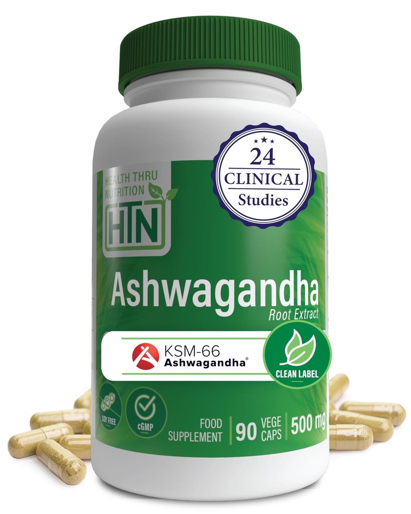 Health Thru Nutrition Ashwagandha 500mg KSM.66® 90 kapselia ... Stressi, mieliala, keskittymiskyky, & energia ... Kliinisesti todistettu ja orgaaninen juurivain Whitinia Somnifera Extract ...
