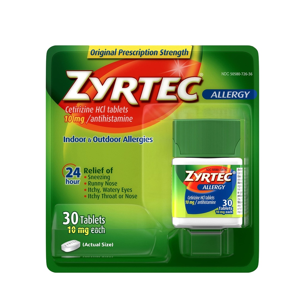 Zyrtec 24 tuntia Allergiaa lievittävä tabletti, 10 mg setiritsiiniä HCl antihistamiinia Allergialääketiede, 30 ct