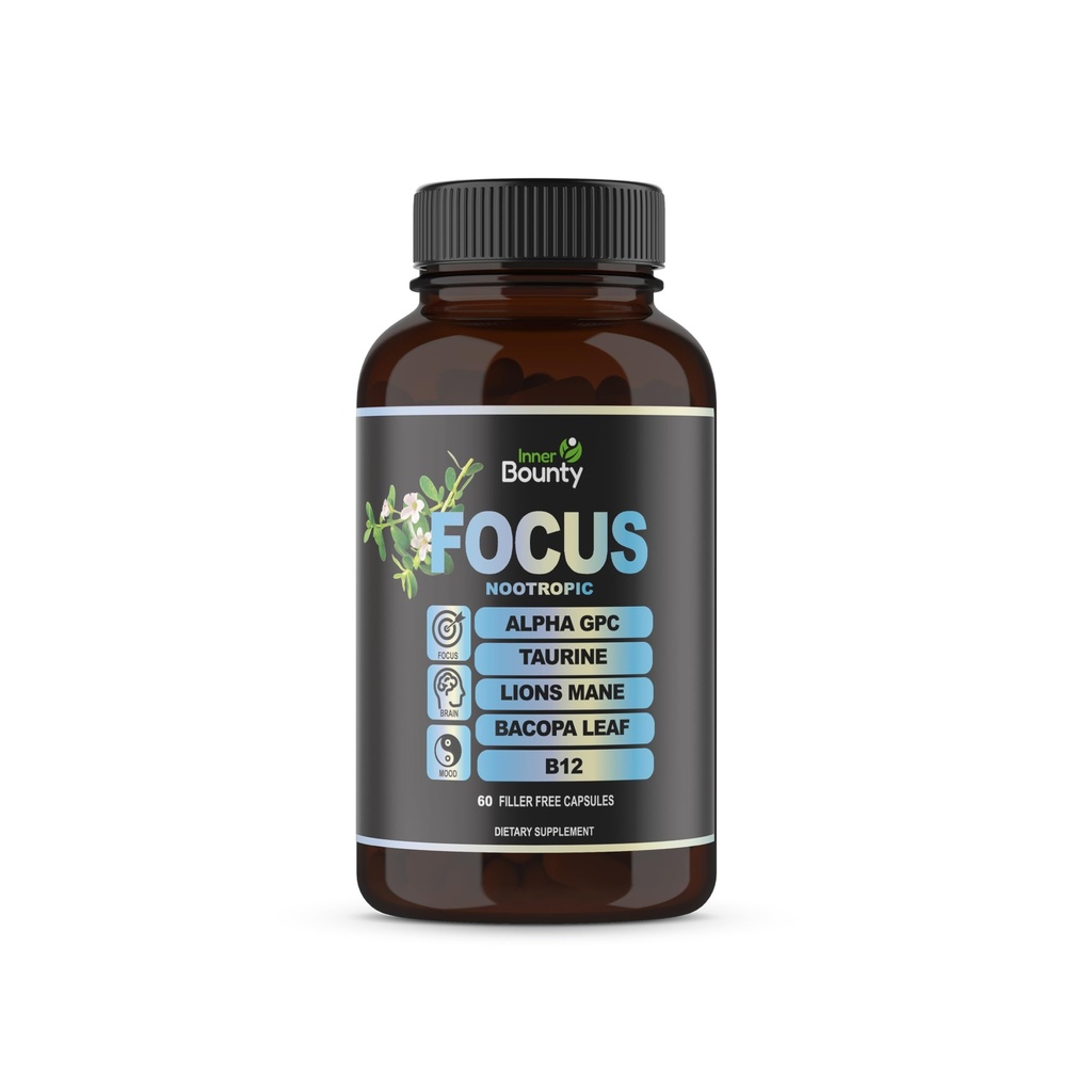 Focus 14-in-1 Nootropic Brain Supplement with Lions Mane, Alpha GPC Koliini, C-vitamiini & B12, Tauriini, Bacopa - Energia, Kognitiivinen, Muistituki, 60 Filler vapaa kapselit