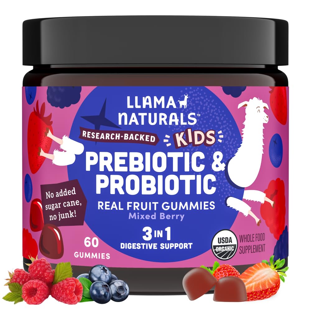 Llama Naturals Kids Probiootti prebioottikuitua, vegaania, orgaanisia prebiootteja ja probiootteja Gut Health Support, Toddler Real Fruit Gummy Vitamiineja, Ei lisätty sokeriruoko, Mixed Berry, 60 Ct
