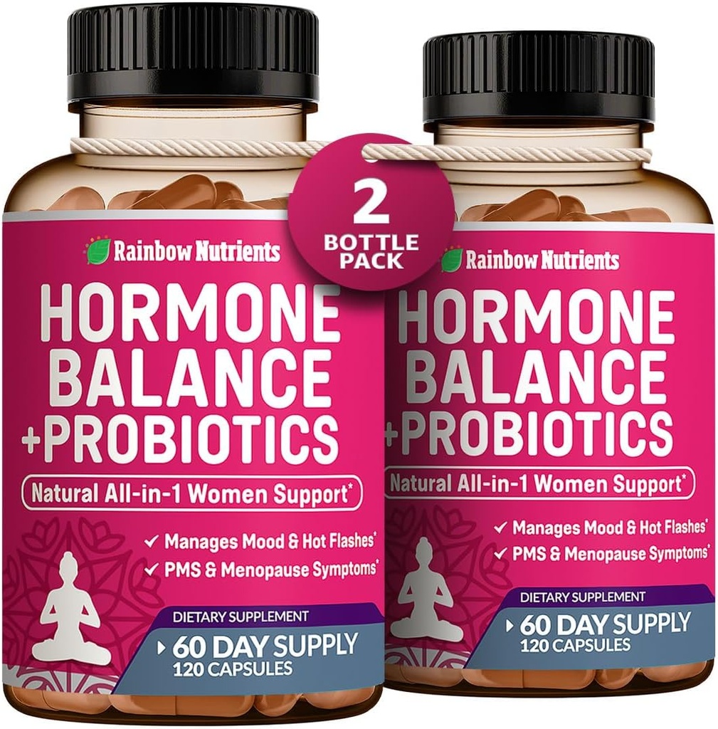 (2 pakkaus) Hormonitasapaino + probiootit naisille (3450 mg) Natural Relief for Menopause, Hot Flashs, PMS, Bloating 4:1 Chasteberry, Dong Quai, Black Cohosh .