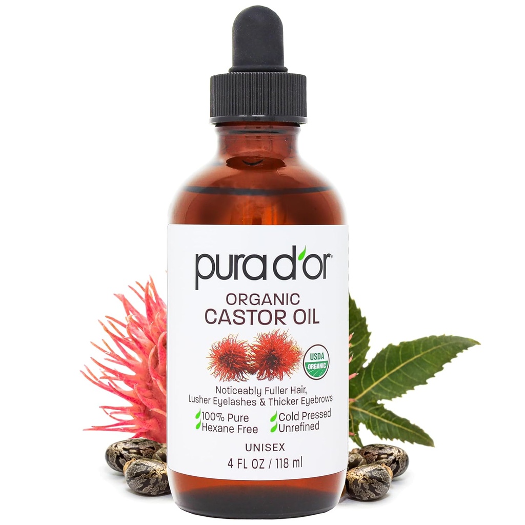 PURA D'OR 4 Oz ORGAANINEN Castor Oil - 100% Pure USDA Certified Cold Pressed, Hexane vapaa silmäripsien ja kulmakarvojen seerumi - Fuller, Thicker Lashes & Brows - iho ja hiukset