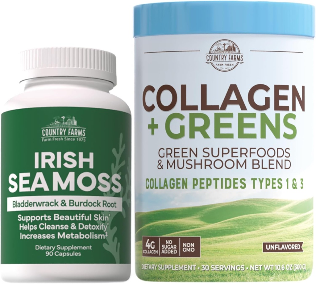 Collagen + Greens Irish Sea Moss, Collagen for Skin, hiusten kasvu, kynnet ja nivelet, Ultimate Beauty Support Lahja, Pakkaus 2