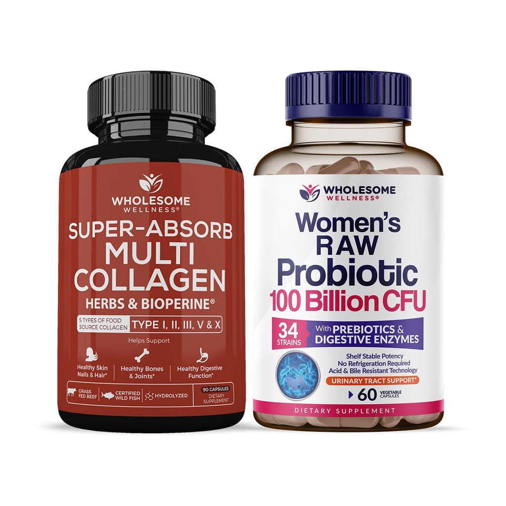 Terveellinen hyvinvointi Super-Absorb Multi Collagen Pillerit (tyyppi I III V X) Organic Yrtit ja Bioperine + Dr. Formulated Raw Probiootit naisille 100 miljardia PMY Prebiootit Bundle