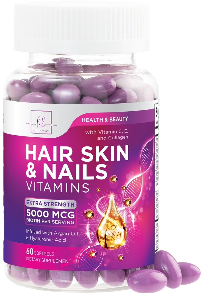 Hiukset, iho & kynnet vitamiinit naisille - Biotiini 5000 mcg tukemaan hiusten kasvua Argan Oil, Kollageeni & Hyaluronic Acid, kaunis, vahvempi iho, hiukset & kynnet Vitamiini täydentää - 60 Softgels