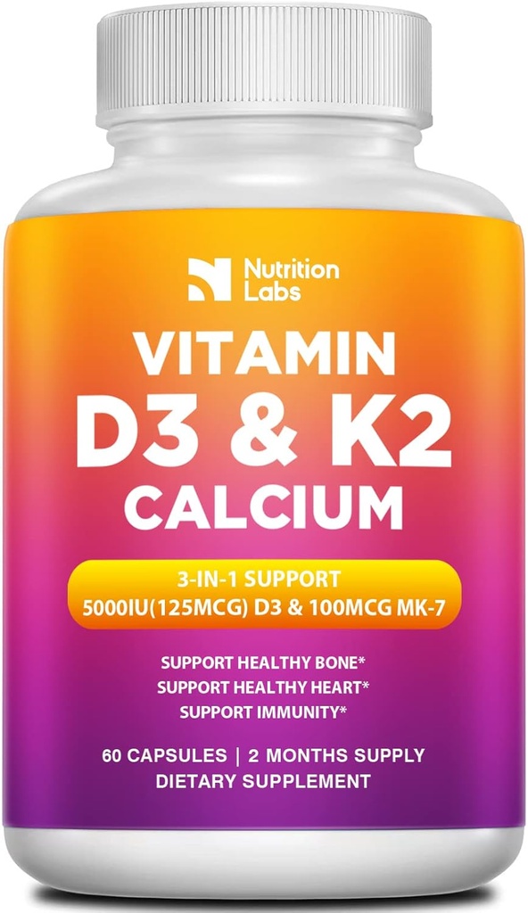 Vitamin D3 K2 5000 IE Supplement med Calcium, Multivitamins stöder immunhälsa, starka ben, tänder och hjärtfunktioner med bioperin Black Pepper Fruit Extract 60 Count (Pack of 1)