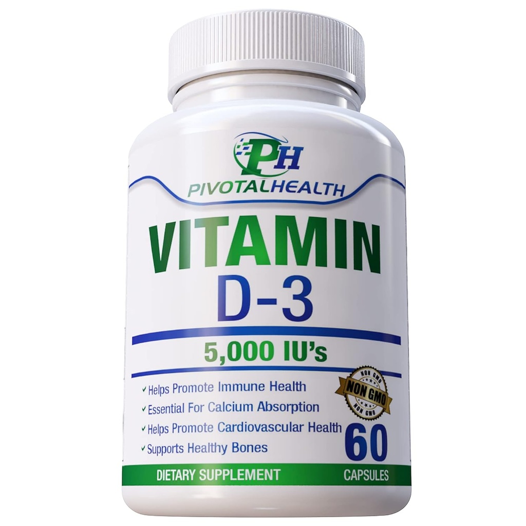 PIvotal Health Products: Vitamin D3 5.000 IE: s - 5.000 IE: s av vitamin D i kapselform. Lätt att svälja och fungerar snabbt