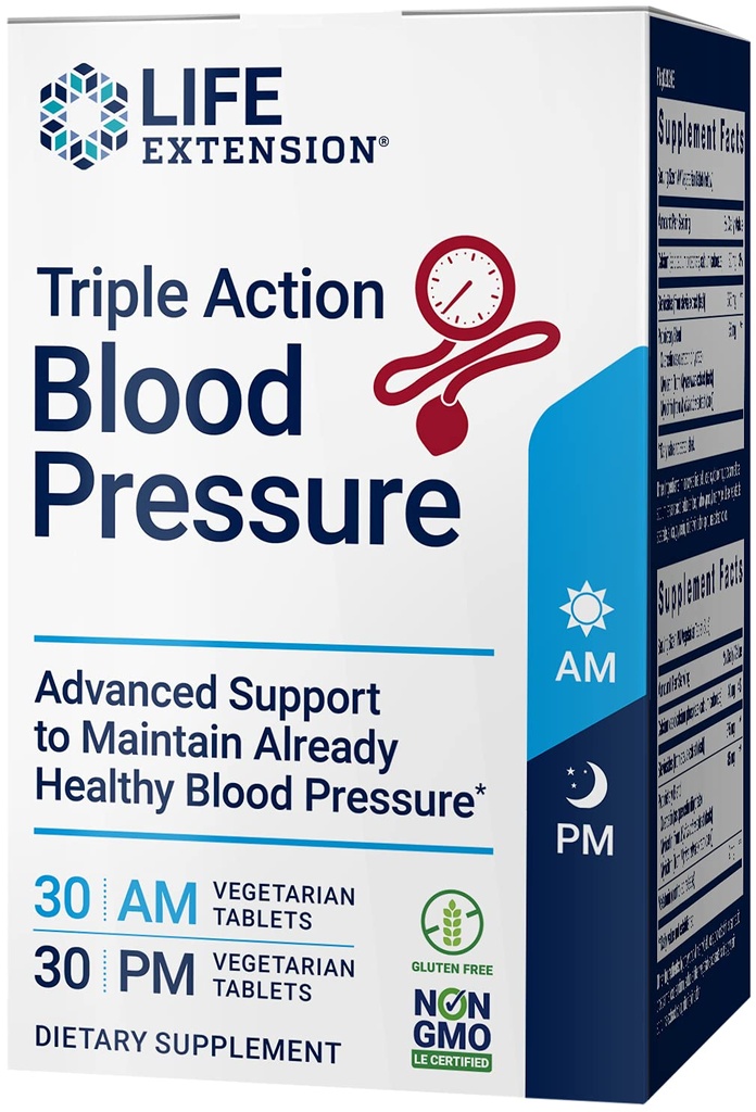 Life Extension Triple Action Blood Pressure, Heart Health Supplement, quercetin, stevia Extract, melatoniini, Morning and Night Support, Gluteeniton, ei-GMO, kasvisruokaa, 60 tablettia