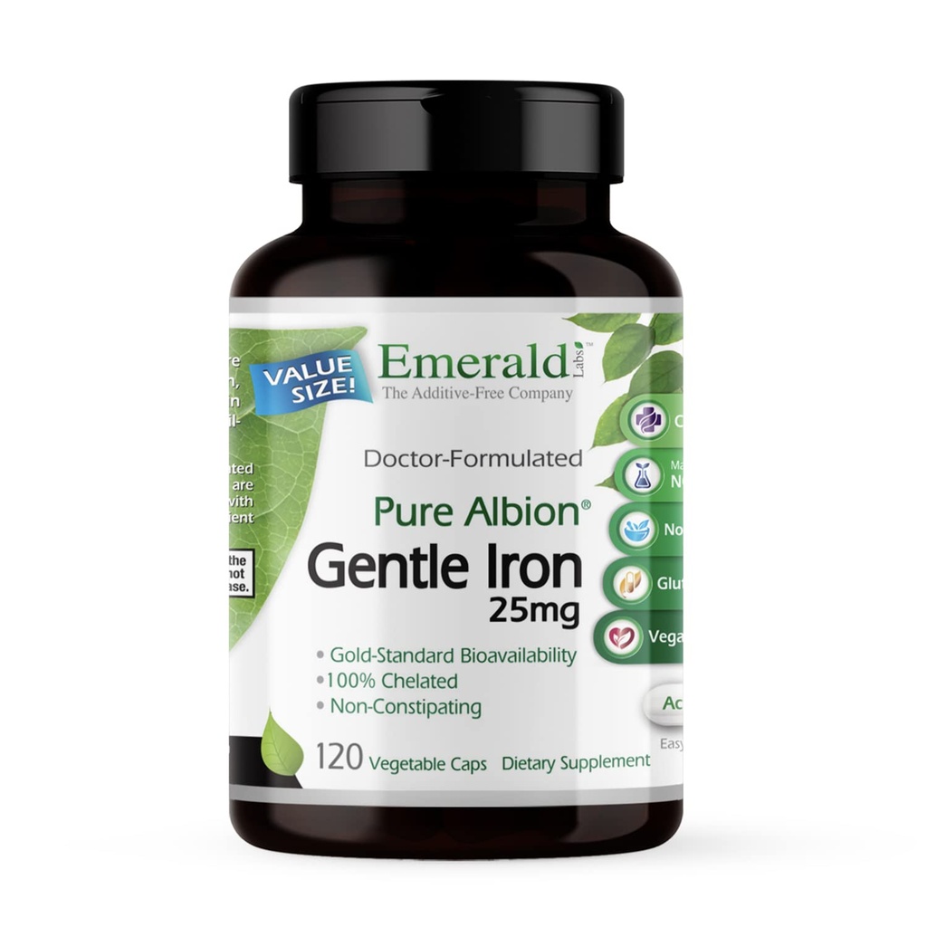 Emerald Labs Gentle Iron 25mg - Ferrous Bisglysinaatti Chelate - Kelatoitua rautaa Supplement, joka tukee energiaa, silmät, immuuni ja sydän terveys - 120 kasvikapselit (120-päivä tarjonta)