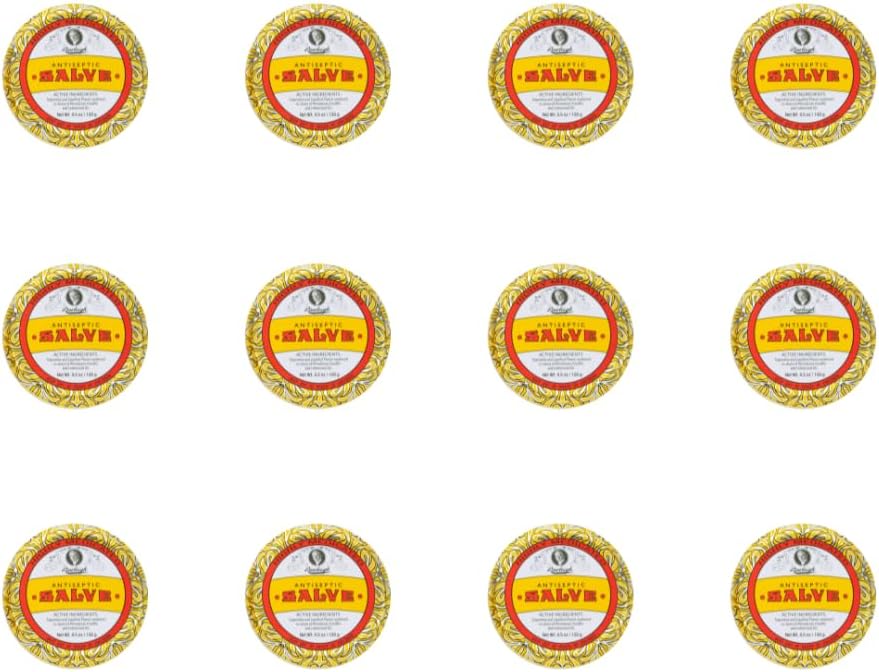 Rawleigh Antiseptic Salve Iconic Yellow Big Tin: 4,5 oz, Multi-Purpose Ointment Soothes Cuts, Bruises, Irritationer, med Turpentine, Phenol, Cottonseed Oil & Paraffin, Original Formel - Pack med 12