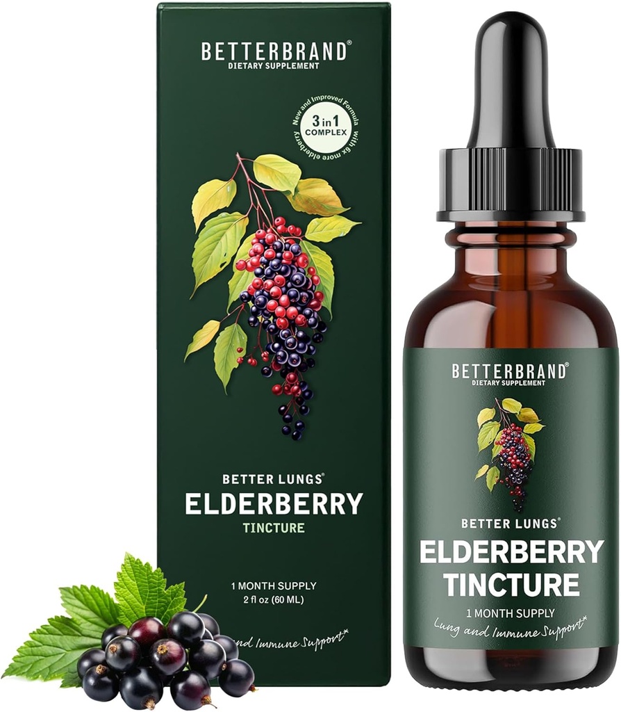 Betterbrand BetterLungs Elderberry Tincture Dietary Supplement - Kaikki luonnon sokerittomia ei-GMO kasvissyöjä Winter Immuunituki (30 päivä)