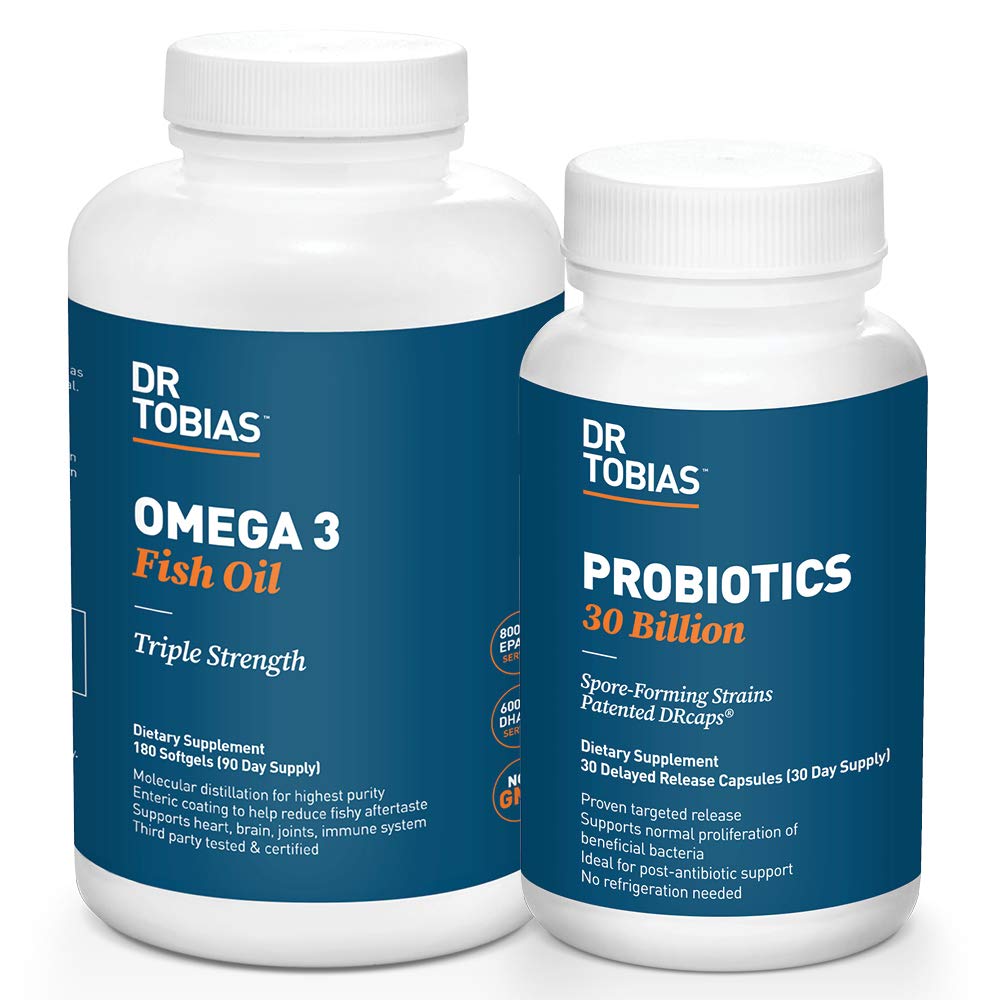 Dr Tobias Probiotics 30 miljarder och Omega 3 Fish Oil (2000 mg) för Digestive Support & Overall Health
