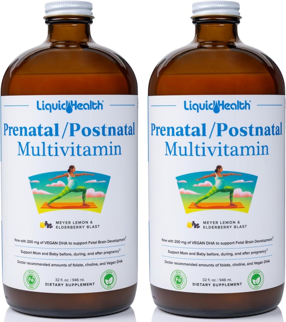 LIQUIDHEALTH Prenatal/Postnatal Multiple Liquid Women’s Multivitamin with Real Folate – Pre & Postnatal Vitamins for Before, After Pregnancy – Made in USA, Vegan, Sugar-Free, Non-GMO (2 Pack)
