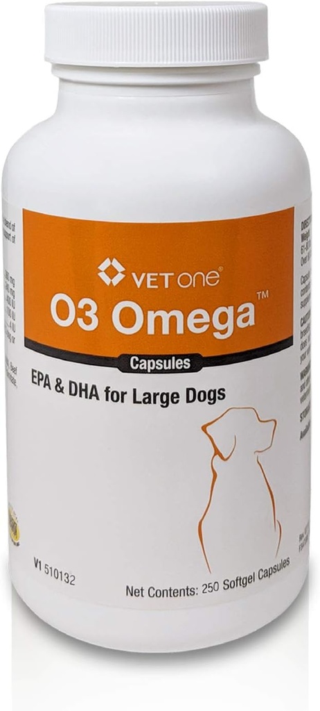 VetOne O3 Omega Soft Gel suurille koirille - Essential Fatty Acid Support - Ihon ja turkin täydentää - 250 kapselia