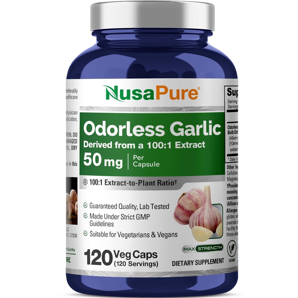 NusaPure Odorless Valkosipuli 100:1 uute, 50 mg Ekvivalenttinen 5000 mg kapseli ... 120 Kasviskapselit...