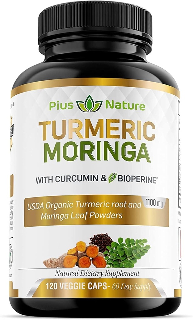 Kurkuma Moringa - Luomukurkuma lisäravinteet ja Luomu Moringa Powder - 120 kasviskapselit täydentää naisten ja miesten