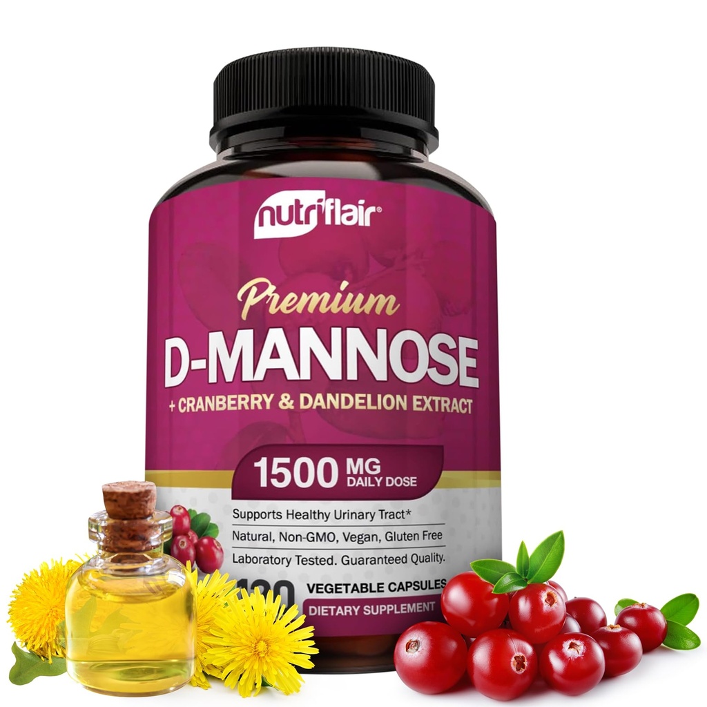 NutriFlair D-Mannose 1200mg, 120 kapselia - karpalo- ja voikukkauute - Luonnollinen virtsateiden terveys UTI-tuki - paras D Mannose Powder - Flush epäpuhtaudet, Detox Body, naisille ja miehille