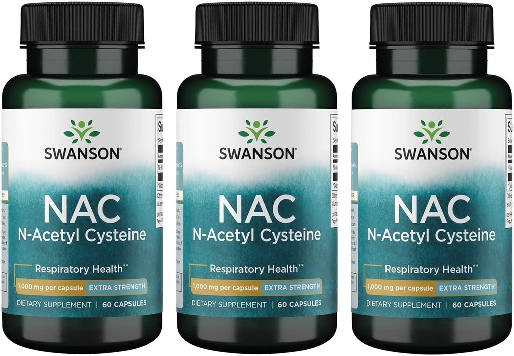 Swanson NAC N-Acetyl Cysteine - Antioxidant Anti-Aging Respiratory Liver Support - Amino Acid Supplement 1000 mg 60 kapslar (3 Pack)