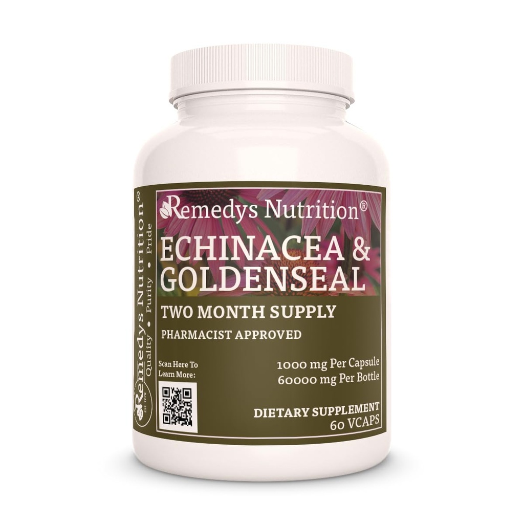 Remedy's Nutrition Echinacea & Goldenseal | 1000mg, 60 Vegan Capsules Herbal Dietary Supplement | Två månaders leverans