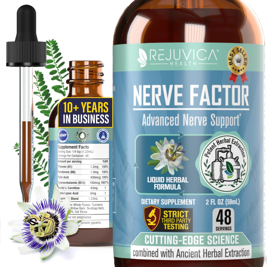Rejuvica Health NerveFactor - Advanced Nerve Support Supplement - Nesteen toimitus parempaan imeytymiseen - asetyyli-L-karnitiini, alfalipoiinihappo, B12-vitamiini, Foolihappo, valkoinen Willow Bark & enemmän!
