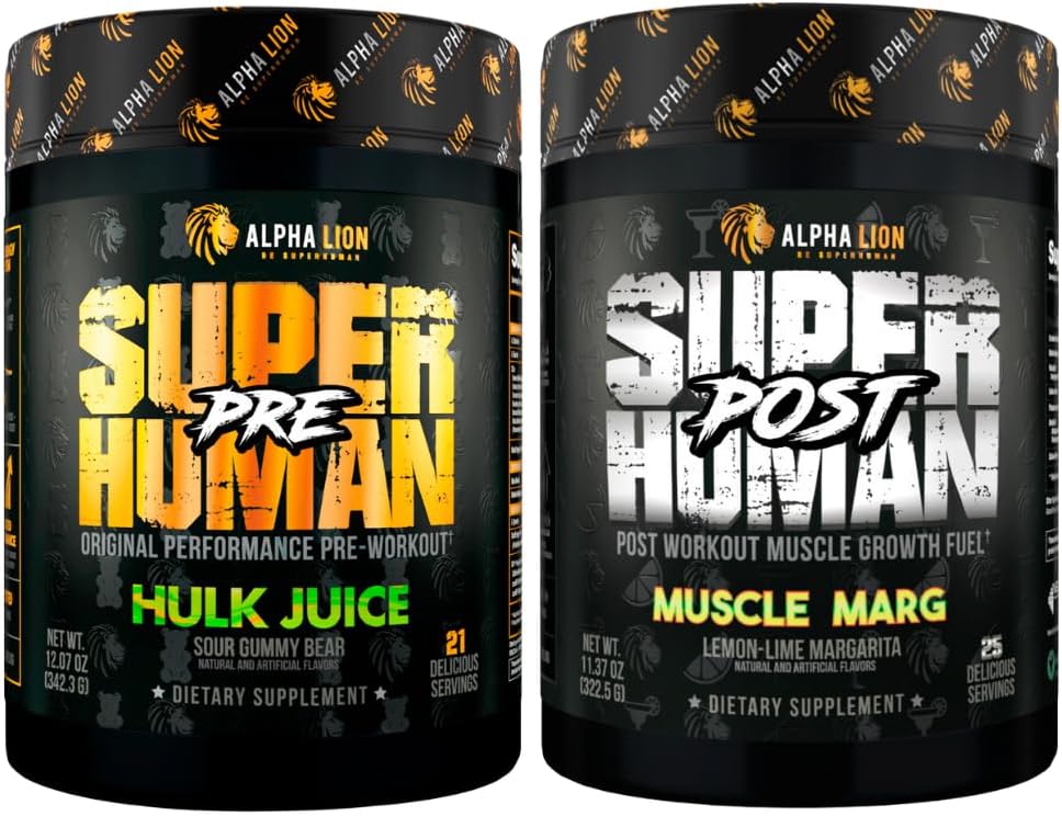 AAKKOSELLINEN LION Superhuman Pre workout Powder & post workout Recovery Bundle, jatkuva energia & Focus + lean lihasten kasvu, vahvuus & tilavuus (Hulk Juice & Lihas Marg