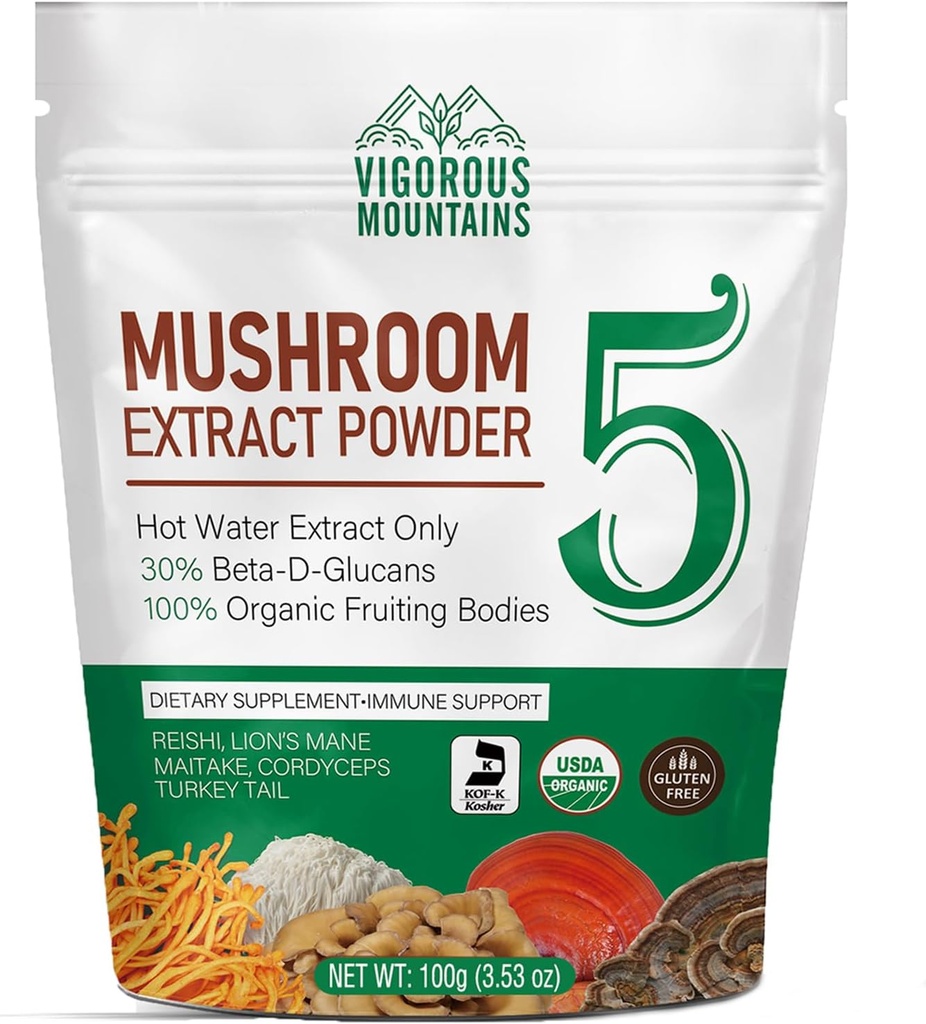VIGOROUS MOUNTAINS Organic Mushroom Powder Supplement - USDA Certified, Lions Mane & Reishi Immunosupport, Brain Focus, Vegan, Mixes hetkessä kahvia ja smoothies (100g)