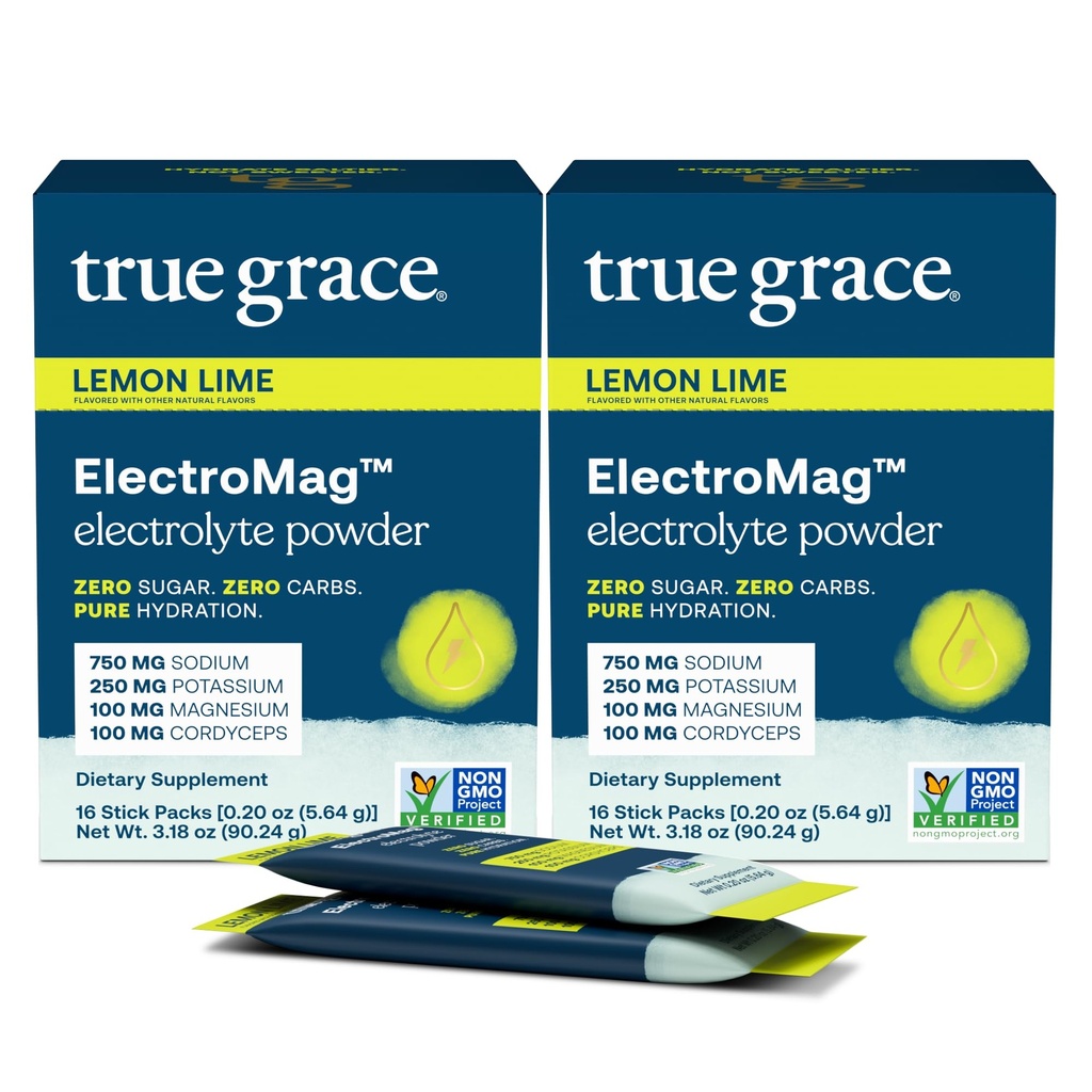 True Grace ElectroMag - 16 Stick Packs (Pack of 2) - Lemon Lime - Electrolyte Powder för Rapid Hydration - Natrium, Kalium, Magnesium & Cordyceps - Zero Sugar & Carbs - Icke-GMO - 32 Totala portioner